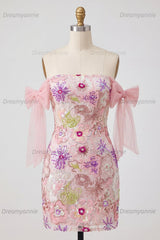 Pink Strapless Floral Beaded Tight Short Homecoming Dress with Bows