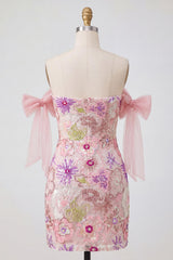 Sparkly Pink Beaded Strapless Floral Tight Short Homecoming Dress with Bows