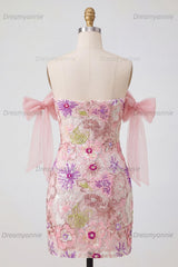 Pink Strapless Floral Beaded Tight Short Homecoming Dress with Bows