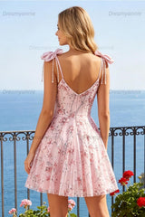 Pink Floral Beaded A-Line Short Homecoming Dress with Bows