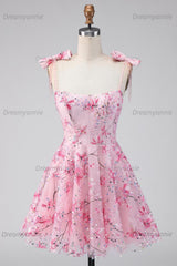 Pink Floral Beaded A-Line Short Homecoming Dress with Bows