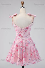 Pink Floral Beaded A-Line Short Homecoming Dress with Bows