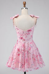 Sparkly Pink Floral A Line Short Beaded Homecoming Dress with Bows