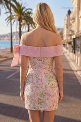Pink Floral Beaded Tight Short Homecoming Dress with Bow
