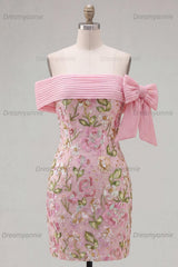 Pink Floral Beaded Tight Short Homecoming Dress with Bow