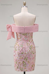 Pink Floral Beaded Tight Short Homecoming Dress with Bow