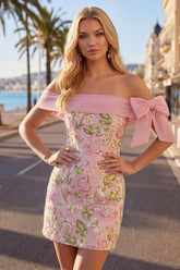 Pink Floral Beaded Tight Short Homecoming Dress with Bow