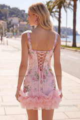 Pink Floral Beaded Tight Short Homecoming Dress with Ruffles
