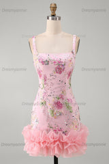 Pink Floral Beaded Tight Short Homecoming Dress with Ruffles
