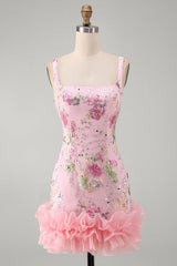 Sparkly Pink Floral Beaded Tight Short Homecoming Dress with Ruffles