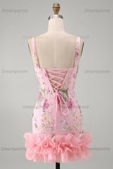Pink Floral Beaded Tight Short Homecoming Dress with Ruffles