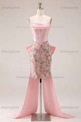Pink Floral Beaded Corset Tight Short Homecoming Dress with Bow