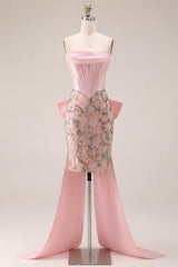Sparkly Pink Floral Corset Beaded Tight Short Homecoming Dress with Bow