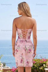 Pink Floral Beaded Ruched Corset Tight Short Homecoming Dress with Slit