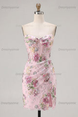 Pink Floral Beaded Ruched Corset Tight Short Homecoming Dress with Slit