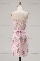 Pink Floral Beaded Ruched Corset Tight Short Homecoming Dress with Slit