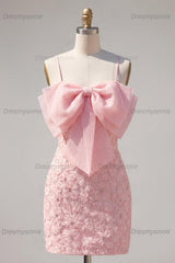 Pink Floral Spaghetti Straps Tight Short Homecoming Dress with Pearl Details
