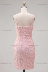 Pink Floral Spaghetti Straps Tight Short Homecoming Dress with Pearl Details