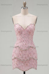 Pink Floral Strapless Tight Short Homecoming Dress with Pearl Details