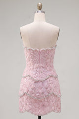 Sparkly Pink Floral Strapless Tight Short Homecoming Dress with Pearls