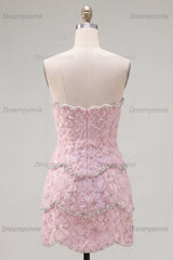 Pink Floral Strapless Tight Short Homecoming Dress with Pearl Details