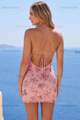 Pink Floral Spaghetti Straps Ruched Tight Short Homecoming Dress