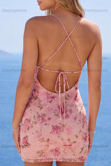Pink Floral Spaghetti Straps Ruched Tight Short Homecoming Dress