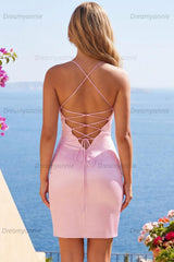 Pink Beaded Ruched Corset Tight Short Homecoming Dress with Slit