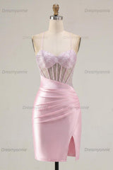 Pink Beaded Ruched Corset Tight Short Homecoming Dress with Slit
