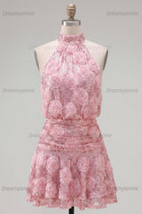 Pink Sequin Floral A-Line Short Homecoming Dress with Ruffles