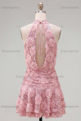 Pink Sequin Floral A-Line Short Homecoming Dress with Ruffles
