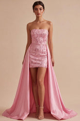 Sparkly Pink Sequin Short Tight Homecoming Dress with Cape