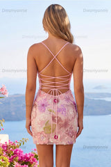 Pink Sequin Floral Spaghetti Straps Tight Short Homecoming Dress