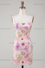 Pink Sequin Floral Spaghetti Straps Tight Short Homecoming Dress