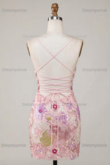Pink Sequin Floral Spaghetti Straps Tight Short Homecoming Dress