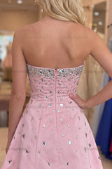 Pink Strapless A-Line Short Homecoming Dress with Rhinestones