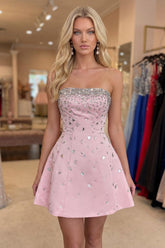 Sparkly Pink Strapless A-Line Short Homecoming Dress with Rhinestones