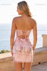 Pink Strapless Floral Beaded Corset Tight Short Homecoming Dress