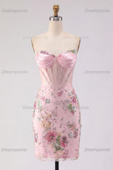 Pink Strapless Floral Beaded Corset Tight Short Homecoming Dress