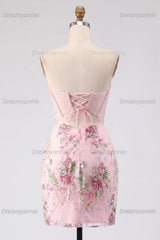 Pink Strapless Floral Beaded Corset Tight Short Homecoming Dress