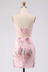 Sparkly Pink Strapless Beaded Floral Corset Tight Short Homecoming Dress