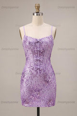 Plum Sequin Tight Short Corset Homecoming Dress