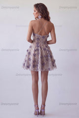 Purple Floral Beaded Halter A-Line Short Homecoming Dress