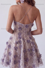 Purple Floral Beaded Halter A-Line Short Homecoming Dress