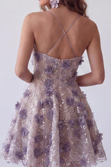 Sparkly Purple Beaded Floral Halter A Line Short Homecoming Dress
