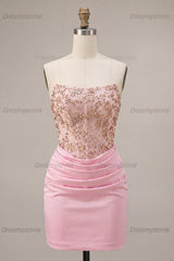 Ruched Pink Short Corset Homecoming Dress with Rhinestones