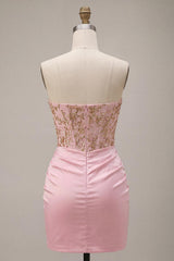 Sparkly Ruched Pink Short Corset Homecoming Dress with Rhinestones