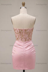 Ruched Pink Short Corset Homecoming Dress with Rhinestones