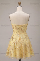 Sequin A-Line Corset Yellow Short Homecoming Dress
