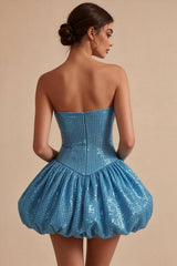 Sparkly Sequin Blue A Line Strapless Bubble Short Homecoming Dress
